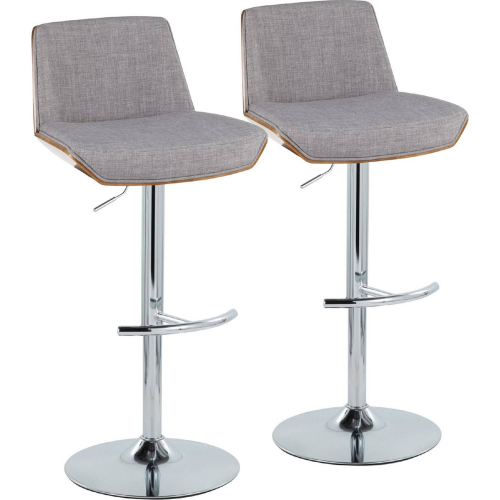 Corazza Adjustable Swivel Bar Stool in Chrome, Walnut Wood & Light Grey Fabric (Set of 2)